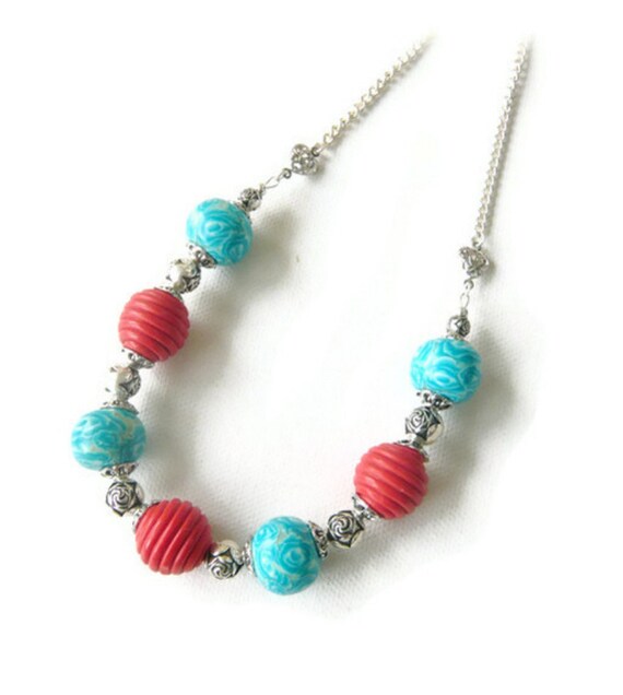 Turquoise & Orange Beaded Necklace handmade from polymer clay by Lottie Of London