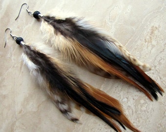 Long Feather Earrings - Black and Brown Feather Earrings