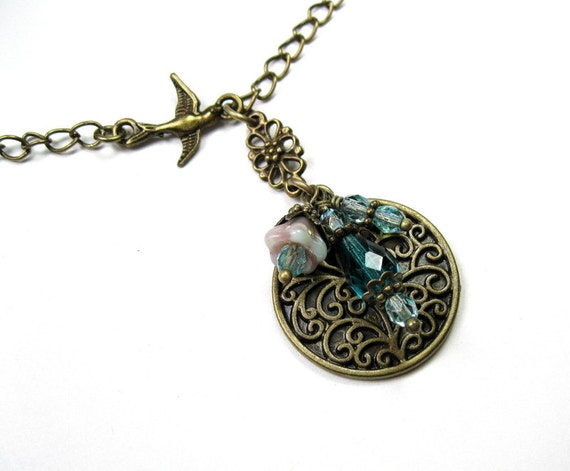 Aqua Czech Glass and Brass Pendant Necklace by jewelrybyNaLa