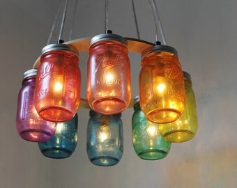 RAINBOW Connection MASON Jar Chandelier - Upcycled Hanging Mason Jar Lighting Fixture Direct Hardwire - BootsNGus Lamps Rustic Home Decor