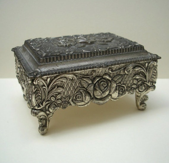 Jewelry Box Claw Foot Vintage Silver Plated Brass Embossed