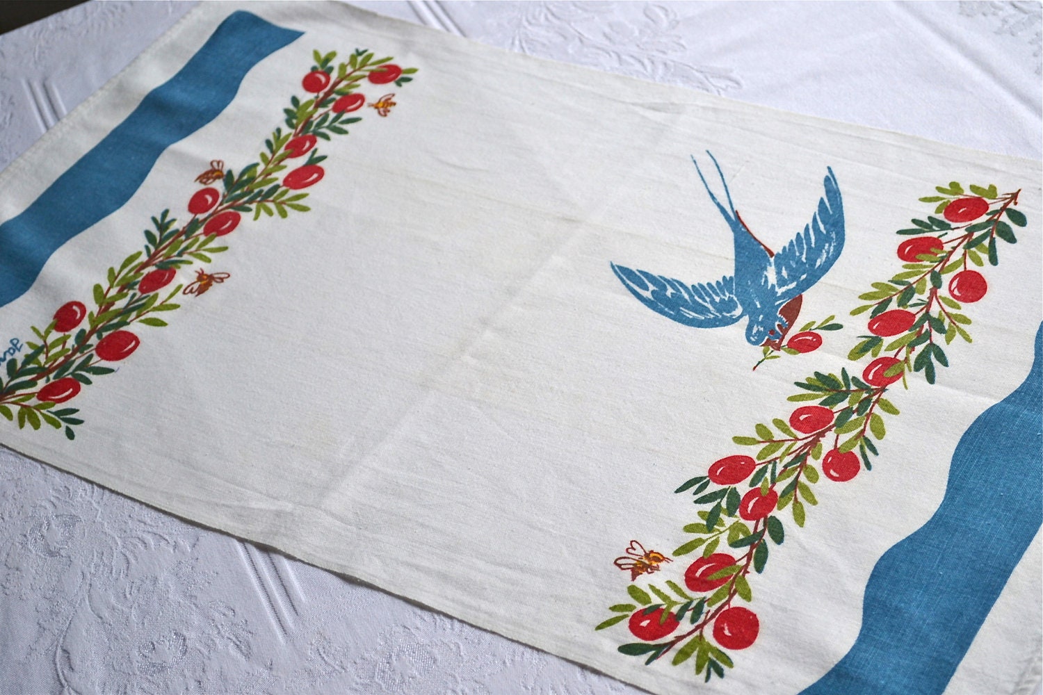 Vintage Kitchen Dish Towel Blue Bird and Red Berries