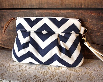 Pleated Chevron Wristlet/ Pouch/ Clutch// Nautical stripe / Navy/White color-READY to Ship-