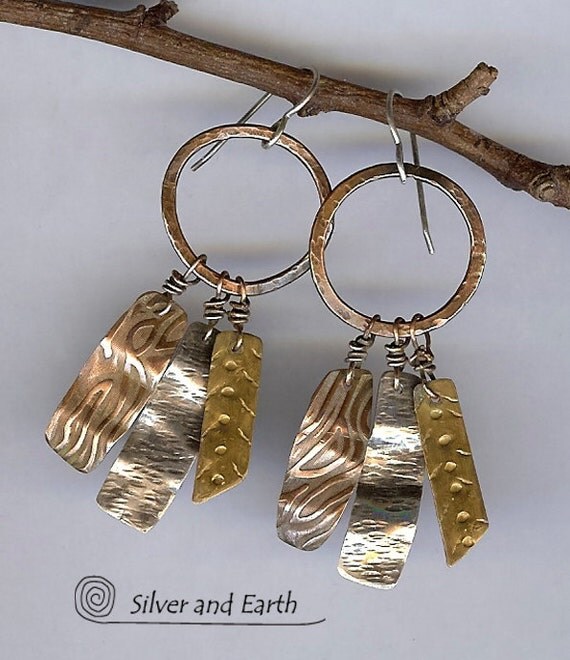 Tribal Fringe Earrings with Textured Sterling Silver Copper