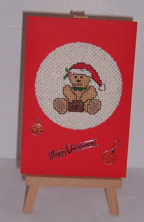 Christmas Teddy Bear Completed Cross Stitch by DebsCrossStitch