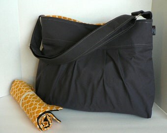 Monterey Medium Diaper Bag Set - Charcoal and Circles in Marigold - Adjustable Strap and Elastic Pockets