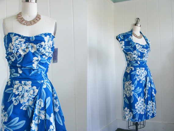 1950 Vintage Blue Hawaiian Sarong Dress with Bolero Jacket