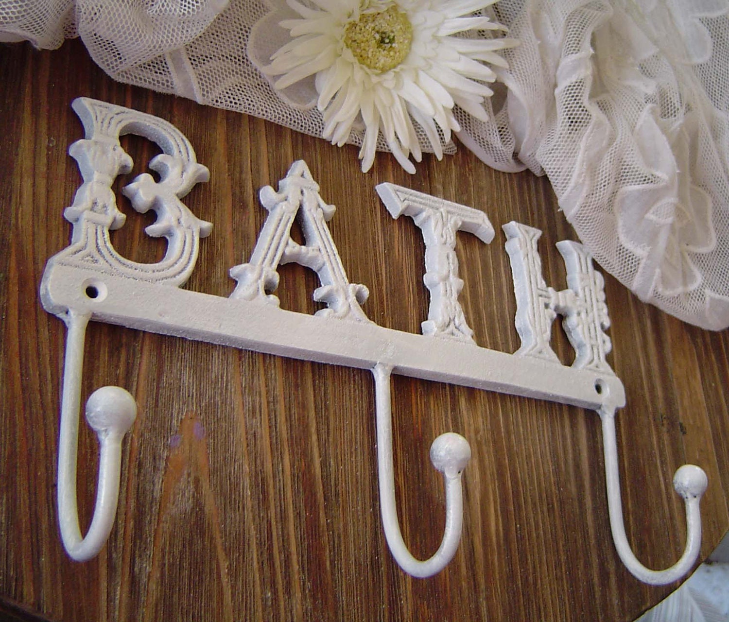 BATH Iron Towel Hook Sign Shabby Victorian Typography Wall