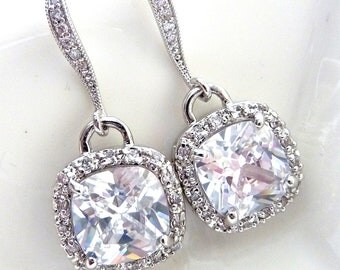 Bridal Earrings - AAA Clear White Square Cubic Zirconia (Not Foiled Back) with White Gold Plated CZ Earings