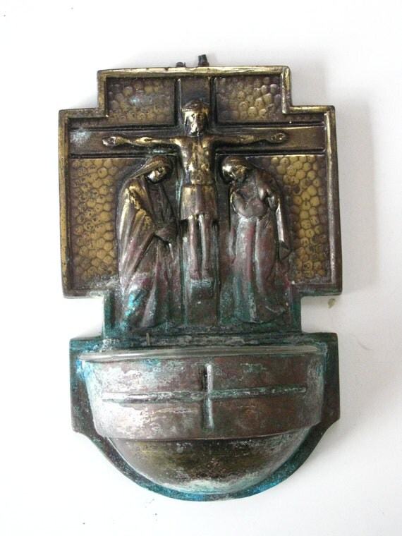 Heavy Bronze or Brass Holy Water Font Tarnished Vintage