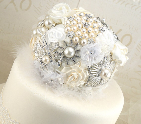 Brooch Cake Topper- Wedding Jeweled Topper in White, Cream and Ivory with Brooches and Handmade Flowers