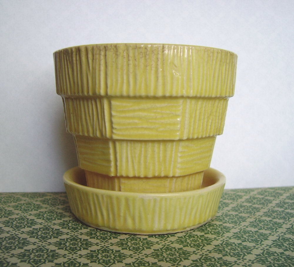 Yellow Vintage McCoy Planter Flower Pot with Attached Saucer