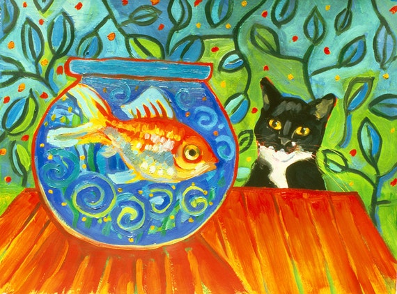 Desire Tuxedo Cat and a Fishbowl Free Shipping USA Etsy