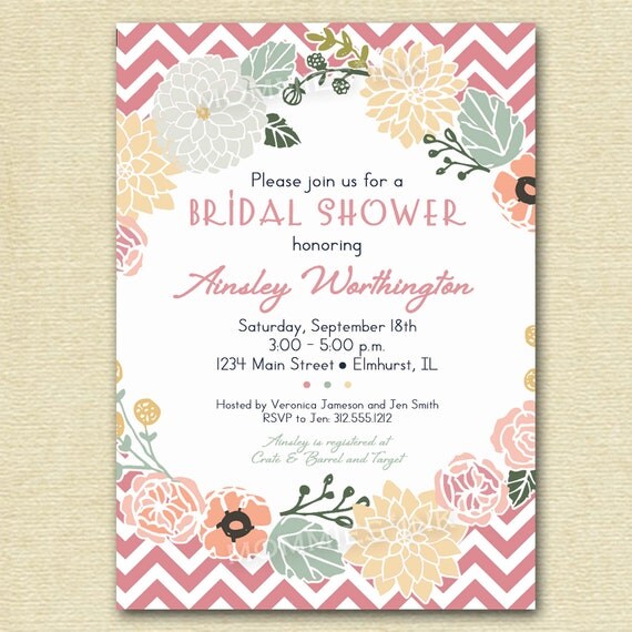 Vintage Flower Wreath and Pink Chevron Bridal Shower Invite - Chevron - PRINTABLE INVITATION DESIGN Il_570xn