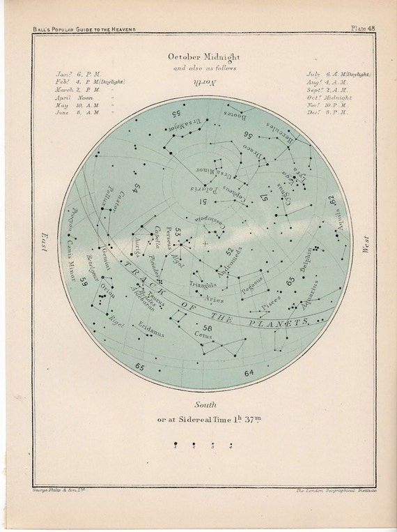 1910 october month rare celestial star map original antique