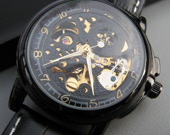 Luxury Black Mechanical Wrist Watch - Black Leather Wristband - Automatic - Men's Watch - Groomsmen Gift - Steampunk - Item MWA56
