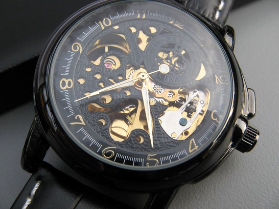 Luxury Black Mechanical Wrist Watch - Black Leather Wristband ...