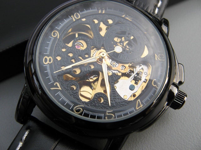 Luxury Black Mechanical Wrist Watch - Black Leather Wristband - Automatic - Men - Steampunk - Watch - Groomsmen Gift - Item MWA56