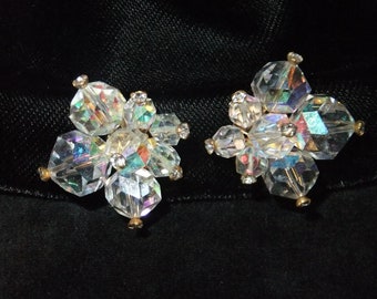 Vintage Earrings Screw Back Laguna Aurora Borealis Clear Crystal Gold Tone Costume Jewelry Stamped