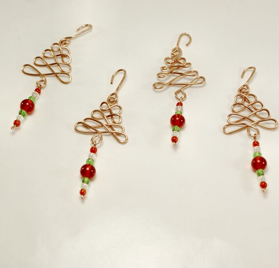 Items similar to Copper Beaded Wire Christmas Tree Ornaments set of 4