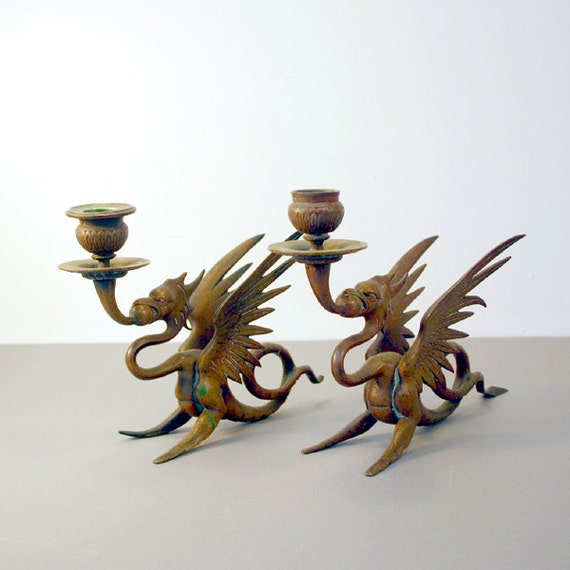 Vintage Dragon Candle Holders / Bronze Griffin Candle Holders