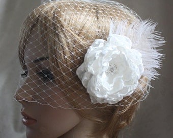 Bandeau Birdcage Wedding Veil and detachable Fascinator Vintage inspired Blusher hair flower Diamond white