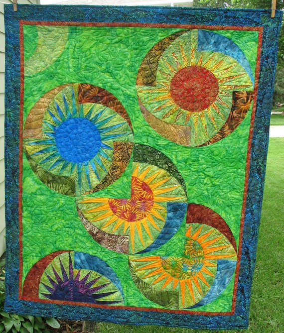 Wildflower Quilt - Colorful Blue Gold and Red Quilted Abstract Wildflower Wallhanging 36"x45"  Machine Quilted