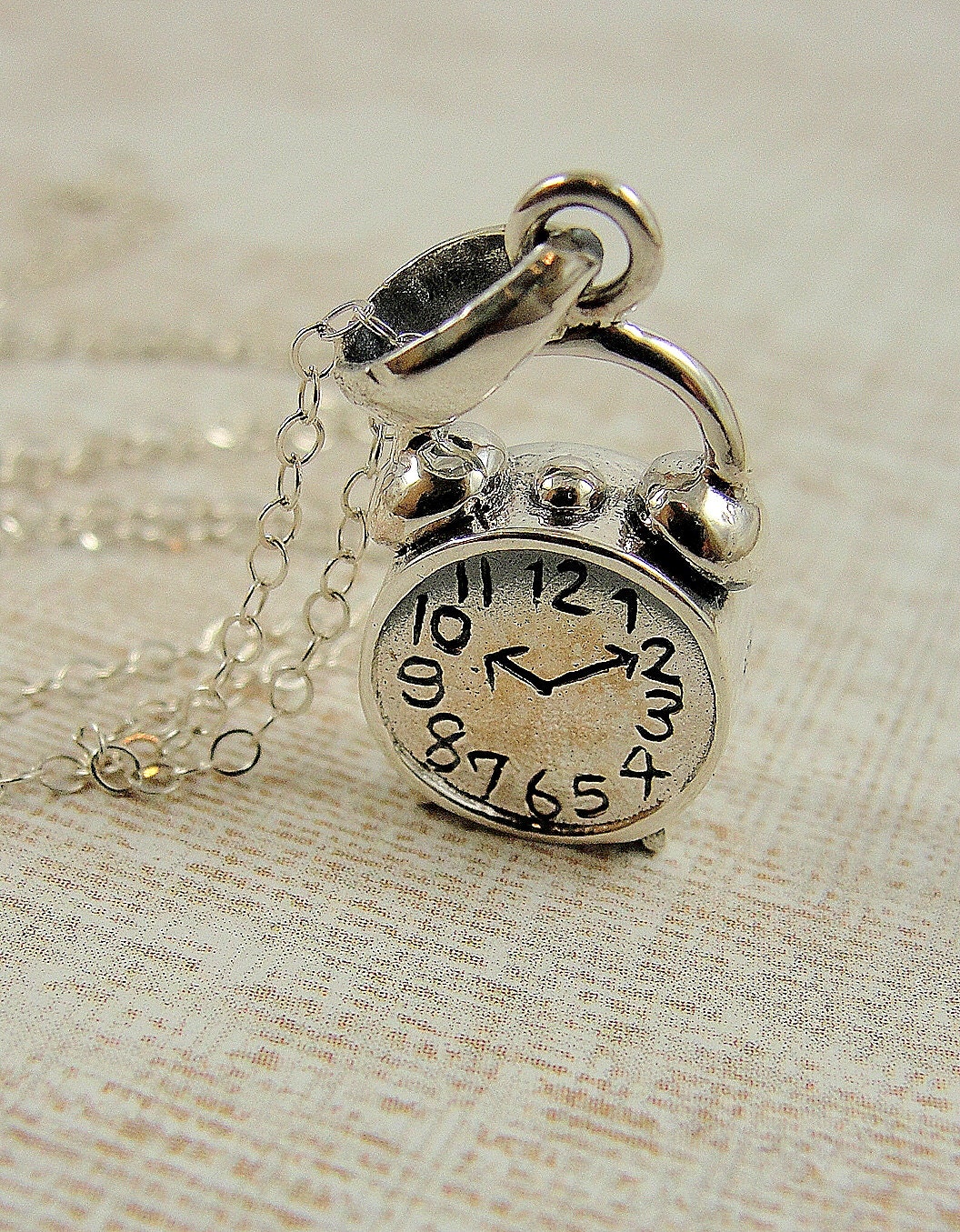 Retro Alarm Clock Necklace Sterling Silver Charm on a Silver