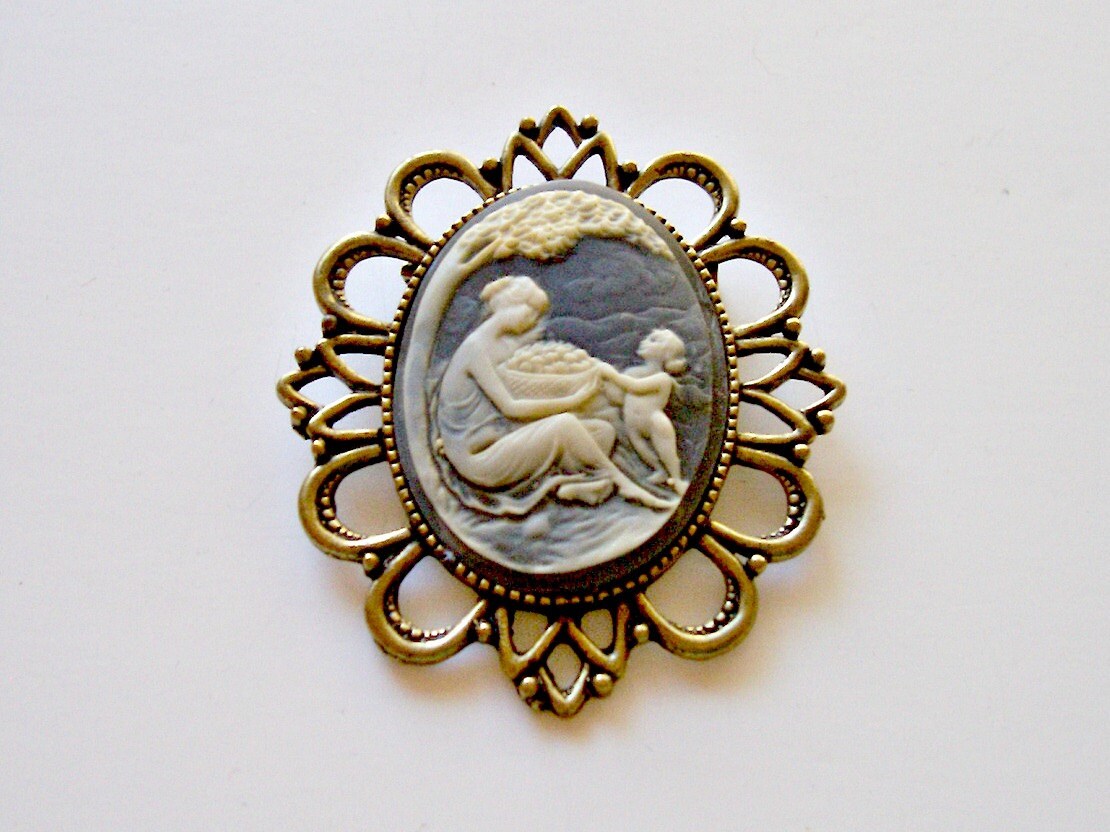 Vintage 1960's Blue Resin Cameo Brooch Pin Mother by VisionsOfOlde