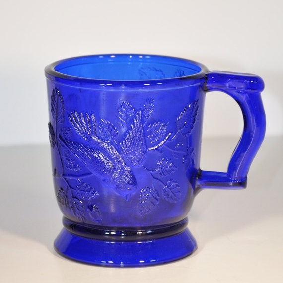 Cobalt Blue Vintage Mosser Glass Mug Birds With Roses 8844