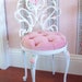 Vintage White Scrolly Boudoir Vanity Chair Stool with Hand Painted Pink Roses Pink Velvet Seat Cushion