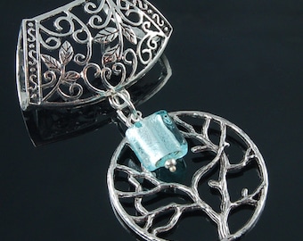 Scarf Pendant - Silver Tree of Life with Aqua Art Glass Scarf Jewelry