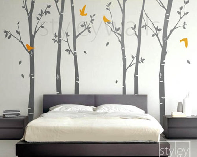 Tree wall decals Winter trees decal Birds nature Forest Trees with Birds Home Decor Set of 6 Vinyl Wall Decal Nursery Baby children Sticker