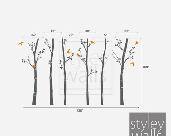 Tree wall decals Winter trees decal Birds nature Forest Trees with Birds Home Decor Set of 6 Vinyl Wall Decal Nursery Baby children Sticker