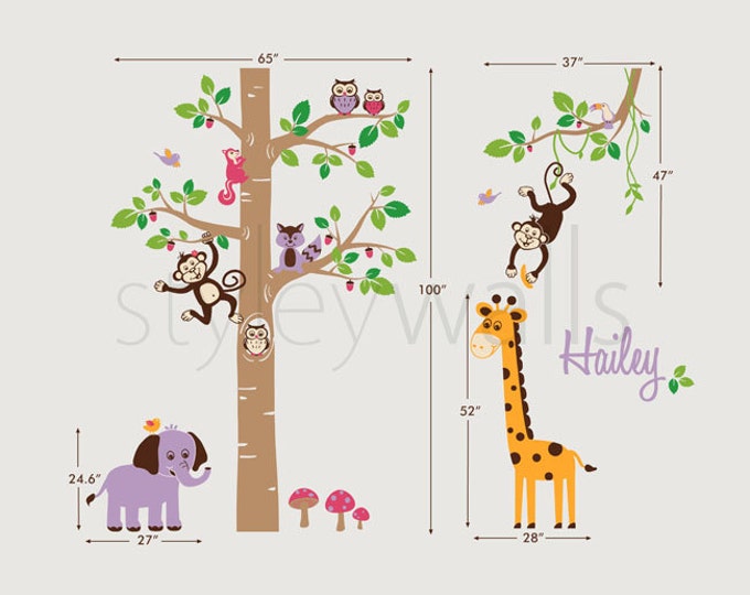Jungle Animals Wall Decal, Safari Animals Wall Decal, Tree Wall Decal, Personalized Nursery Baby Room Kids Playroom Wall Sticker