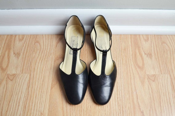 Shoes Heels Mary Jane T Strap Mod Kitten Leather Black Vintage
