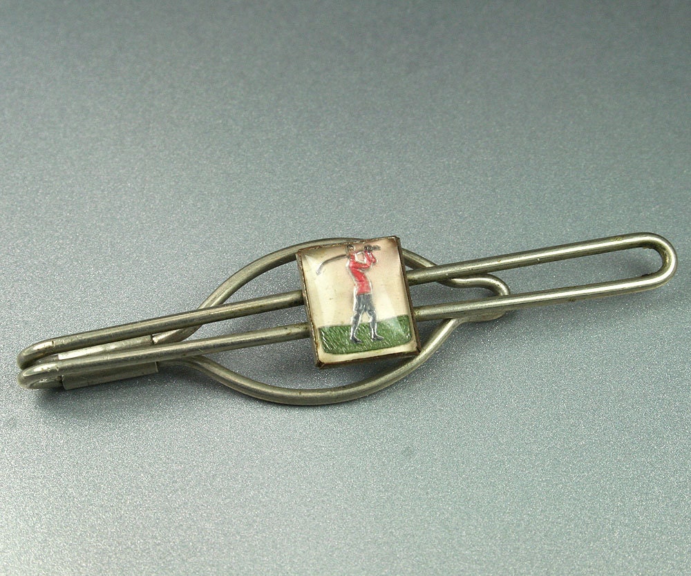 Vintage Tie Clip Reverse Painted Glass Intaglio Golfer Mens