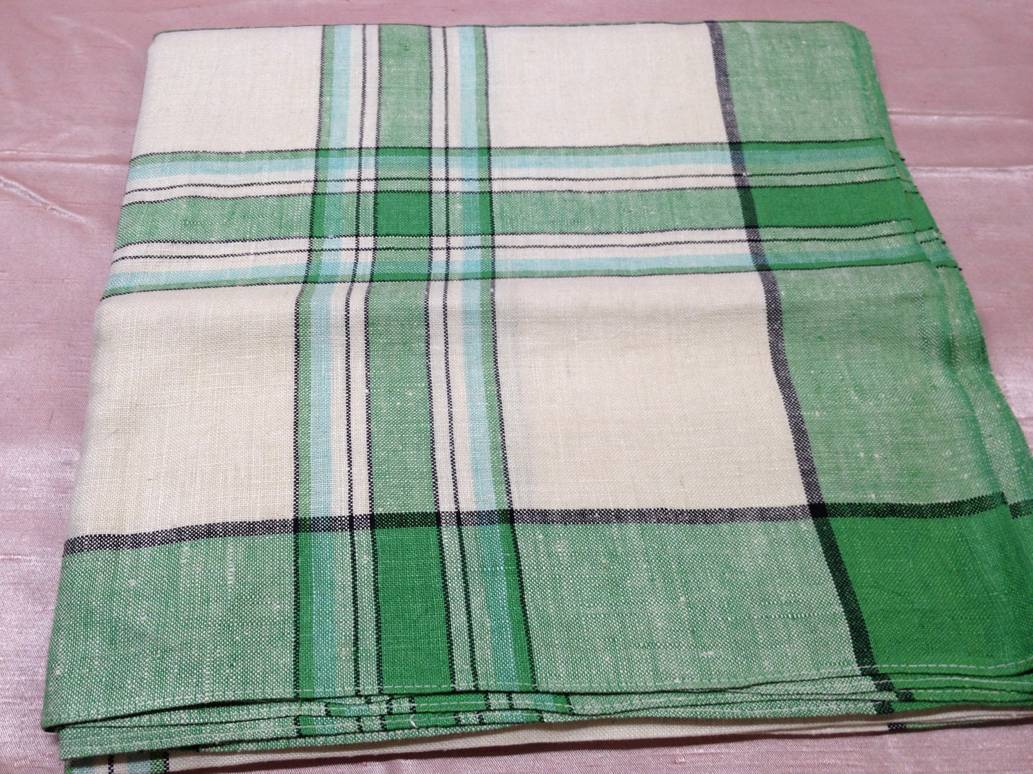 Green and Cream Plaid Tablecloth 1950s Linen 49 x by MillsVintage