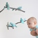 Modern Bird Mobile for Nursery Baby Decor - fabric sculpture on branches in turquoise, dusk blue, white, and gray