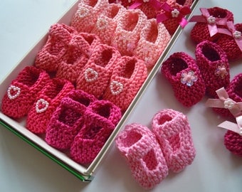 BEST SELLER Girl baby shower decorations: 8 pairs hand knit mini booties decorations - 2 inches - shades of pink, purple or yellow and white