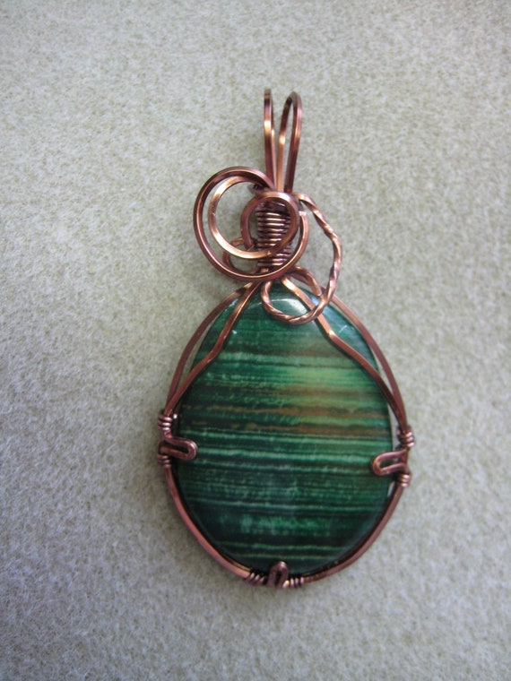 CIJ Green Cabochon Stone wire wrapped Pendant necklace w Antique Copper nontarnish wire, watercolorsnmore copper green