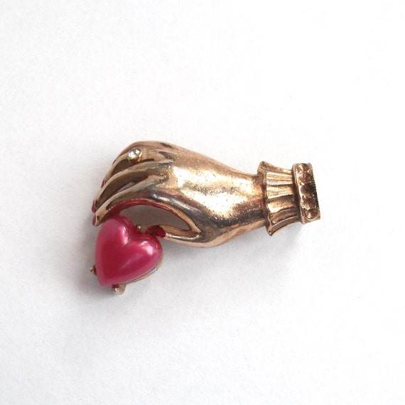 Heart In Hand Brooch Pin Vintage Jewelry Gold And