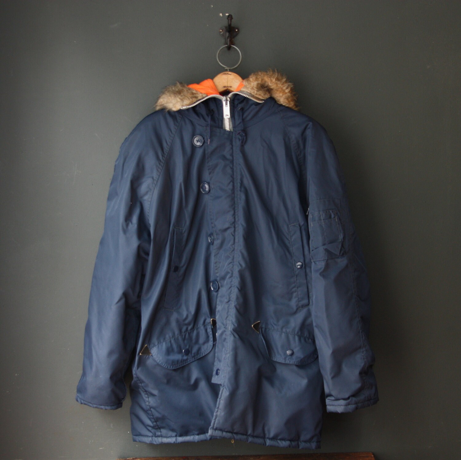 70s Sears Parka / Navy Blue w/ Orange lining Snorkel Parka