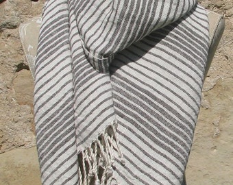 Handwoven Linen Flax Dark Brown And White Scarf (Shawl)- Pure Linen