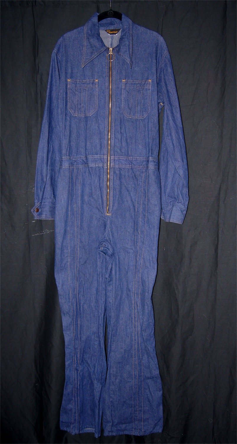 Mens Vintage 1970s Zip Up Denim Jumpsuit / Mod 70s Hipster