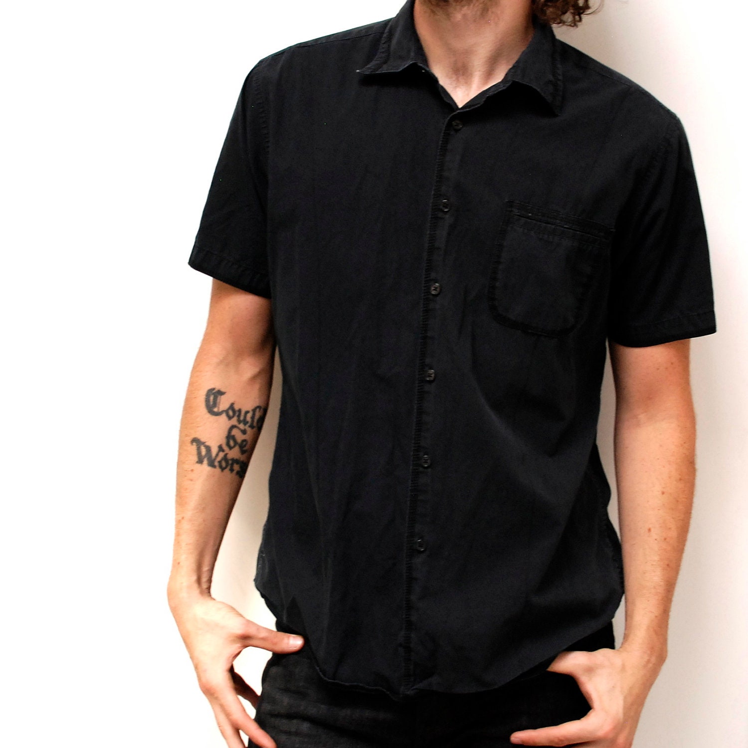 Solid Black Short Sleeve Cotton Button Up Shirt 5685