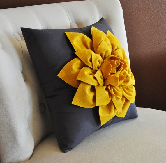 TWO Decorative Flower Pillows Mustard Yellow Dahlia and