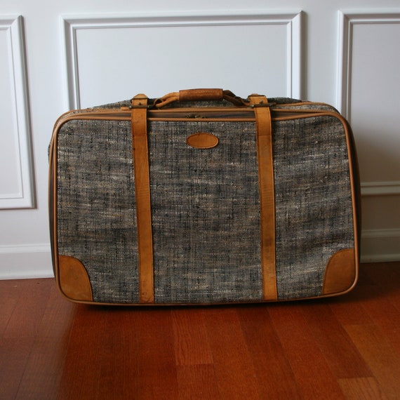 Vintage Luggage. Large Vintage Tweed Suitcase. Fabric
