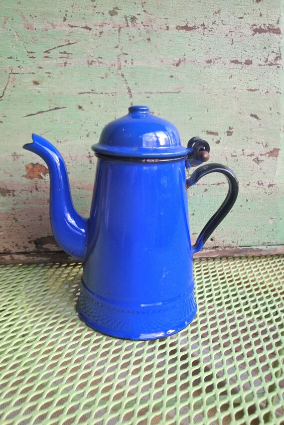 Vintage Coffee Pot Blue Enamel Tea Pot Kettle Poland Cobalt