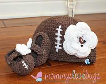 Touchdown Football Baby Girls Beanie and Booties Set - Newborn through 12 Month Sizes Available